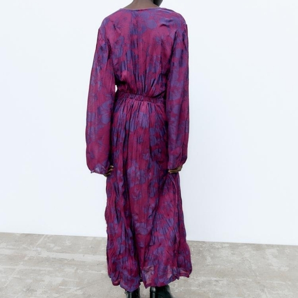 ZARA  Purple Wrinkled Jacquard Maxi Dress Size Small - Picture 6 of 15